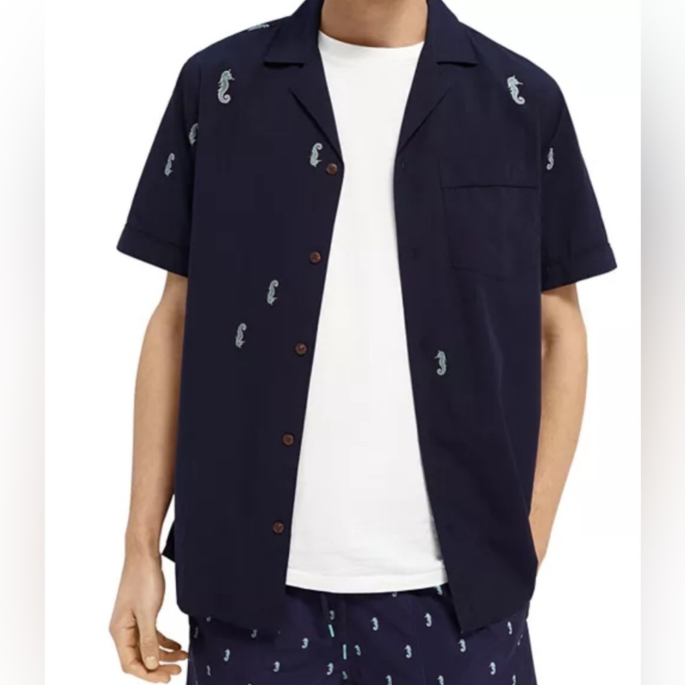 Scotch & Soda Navy Blue SS Seahorse Casual Button Down Shirt Size: Medium - Picture 3 of 4